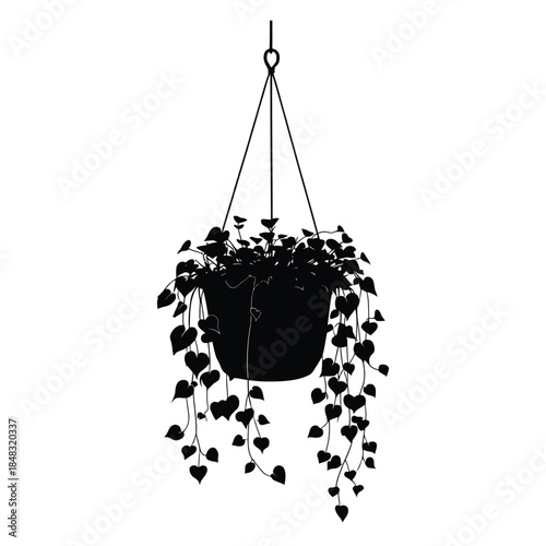 Hanging Plant Silhouette Black Vector Illustration Potted Indoor Houseplant Vine Leaf Decor Minimalist Graphic Design Art