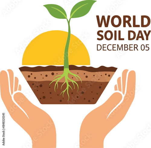 Hands cradling fertile soil with seedling and sun for world soil day celebration vector