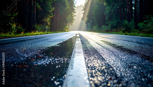 Sunlight on a Wet Forest Road, Serene Morning or Evening Scene