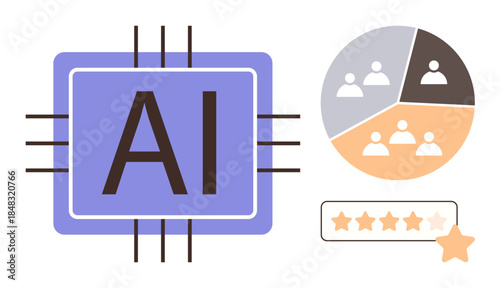 AI microchip with segmented pie chart featuring user groups and a star rating bar. Ideal for technology, data analysis, artificial intelligence, machine learning, user interaction, customer feedback