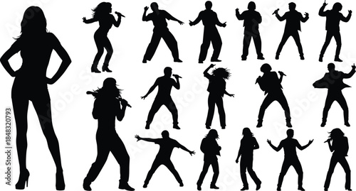 This image features a collection of singers and performers on stage. Here is an SEO-optimized title and 45 keywords for your Adobe Stock vector illustration.