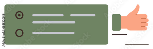 Checklist with two items, horizontal thumb-up hand gesture emphasizing approval. Ideal for decision-making, success, agreement, feedback, evaluation, tasks motivation. Clean simple flat metaphor