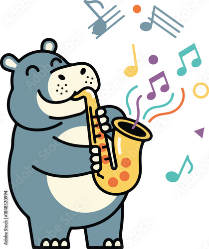 Cartoon Hippo Joyfully Playing Yellow Saxophone Instrument.