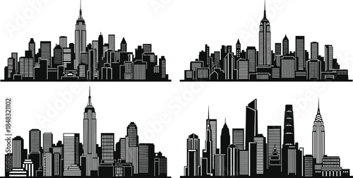 New York City Skyline Silhouette Set Vector Illustration, Collection of NYC Urban Cityscapes, Empire State Building, American Metropolis Architecture, Downtown Financial District