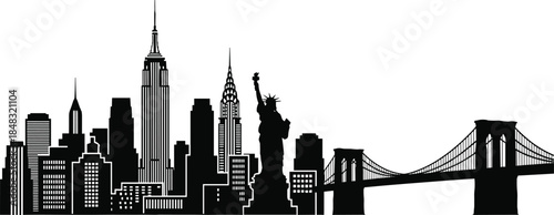 New York City Skyline Vector Silhouette Panorama, Featuring Manhattan Skyscrapers, Statue of Liberty, and Brooklyn Bridge, Black and White Urban Landscape Illustration.