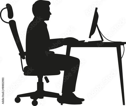 Office employee sitting at desk using desktop computer, working in modern workspace, business professional with ergonomic chair, technology and productivity illustration