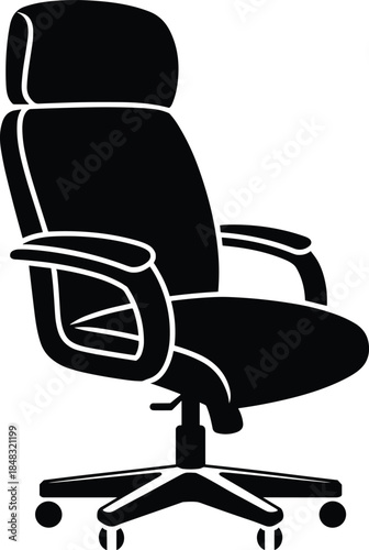 Office chair silhouette illustration, ergonomic furniture design, modern swivel seat vector, business workspace concept, comfortable executive chair, isolated black symbol