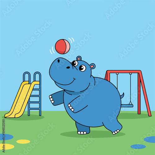 Cartoon Hippopotamus Playing with a Ball at the Playground.