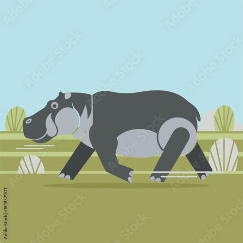 Cartoon Hippopotamus Walking Forward in Stylized Pose.