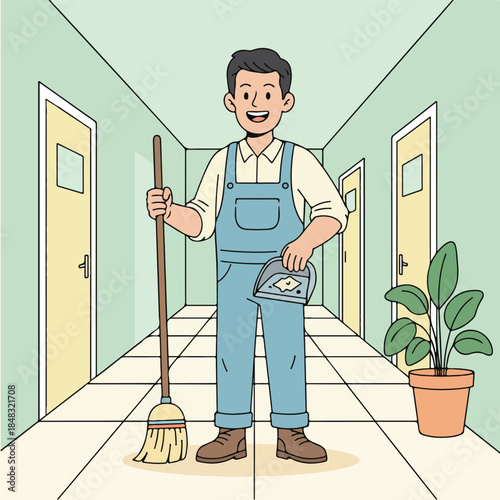 Cartoon Janitor Ready to Clean with Broom and Iron.