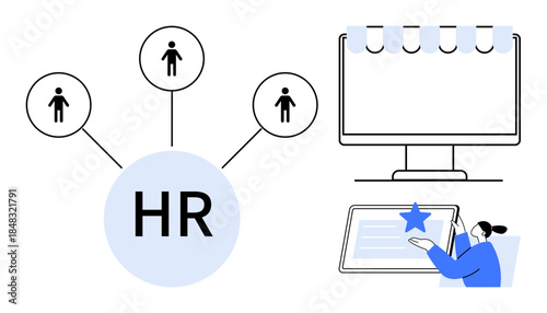 Human resources, hiring process, career development, employee connections, performance assessment, workforce management. Diagram linking HR to employees and digital tools. HR and hiring process