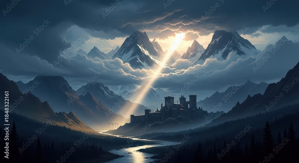 Fototapeta premium Dramatic celestial light illuminates a fortress nestled within a mist-shrouded mountain valley