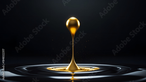 Molten gold liquid drop falling onto black surface at bottom, value and purity concept with copy space