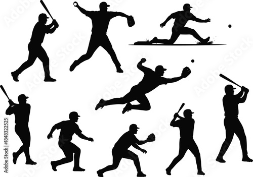 featuring batting, pitching, running, sliding, and diving catch actions for competitive sports, design projects, and team branding 