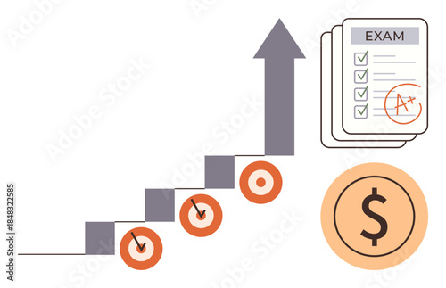 Arrows moving up steps with targets, exam checklist rated A, and currency icon. Ideal for success, growth, education, focus, results, financial gains motivation in a simple flat metaphor