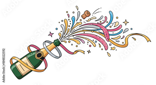 Champagne bottle exploding with colorful streamers and confetti celebrating a special occasion