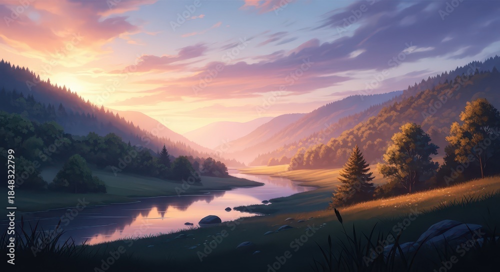 Fototapeta premium Serene river flows through rolling hills bathed in warm twilight illumination