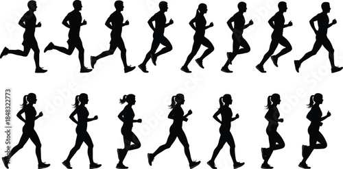 featuring men and women jogging and sprinting for fitness, athletics, competitive running events, and healthy lifestyle promotion.