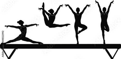 Female Athletes Performing Dynamic Jumps, Splits, and Balance Poses for Sport, Competition, and Fitness Graphics