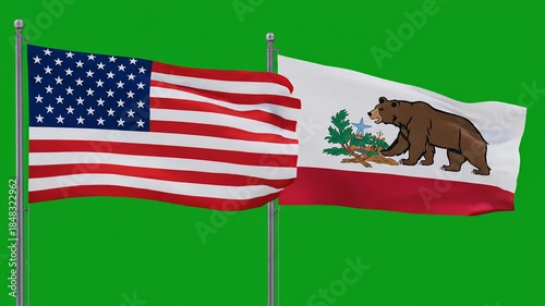 United States and California Flags Waving in the Wind A Symbol of American Federalism and State Identity on Green Screen.