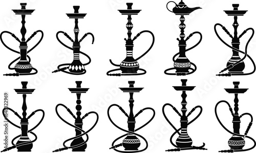 featuring various styles of water pipes for smoking lounges, relaxation culture, Arabic themes, and simple graphic designs.