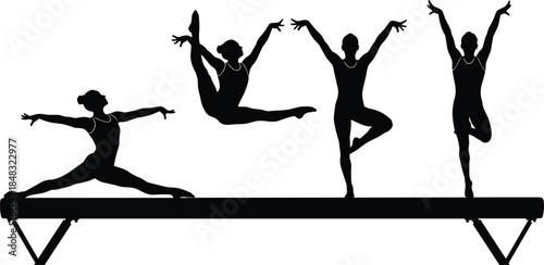 Female Athletes Performing Dynamic Leaps, Balance Poses, and Splits for Sport, Competition, and Fitness Graphics