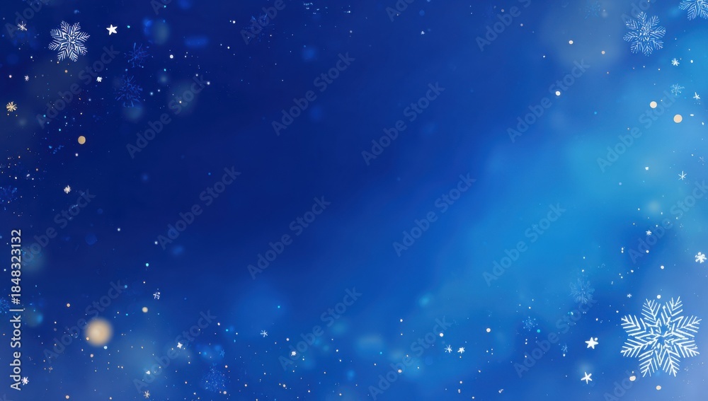 Fototapeta premium Winter wonderland background with beautiful snowflakes and sparkling lights for Christmas holiday season. Festive blue background featuring magical stars and shimmering snow creating dreamy winter 