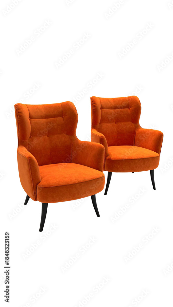 Fototapeta premium Zwei knallorange, gemütliche Sessel – modernes 3D-Interior - PNG