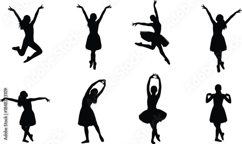 Female ballet dancer silhouette vector set, elegant women performing various classic dance jumps and poses, graceful lady in tutu icons, performance graphics, isolated.