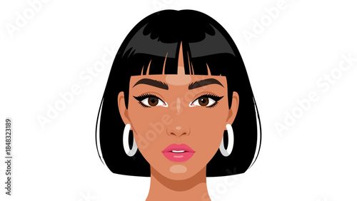 Stylish Woman with Bob Haircut and Hoop Earrings - Vector Illustration