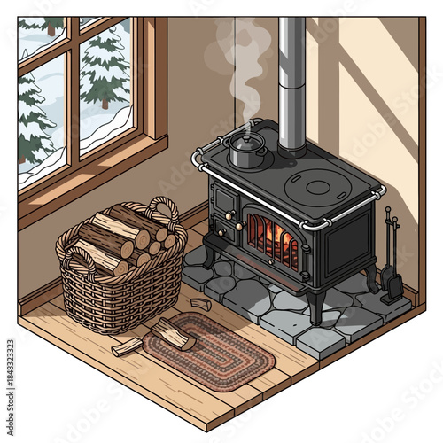 Cozy indoor scene featuring a wood-burning stove with a basket of chopped firewood beside a window