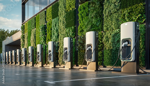 Corporate Office Parking with Row of EV Charging Stations