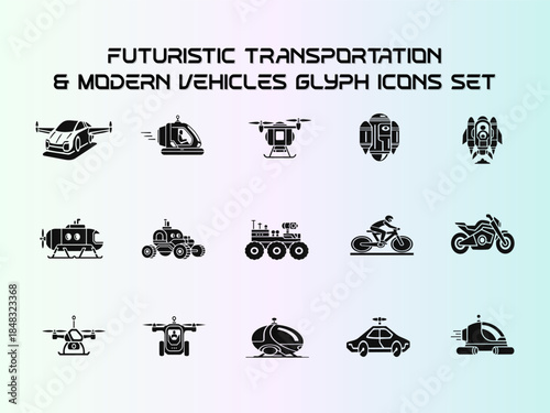 Futuristic Transportation & Modern Vehicles Glyph Icons Set