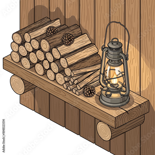 cozy woodpile with lantern on rustic wooden table illuminated warm glow