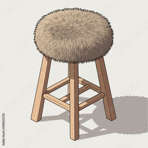 illustration of a wooden stool with a round furry seat and four legs