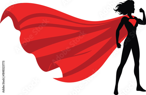 Powerful female superhero silhouette with flowing red cape, symbol of strength, feminism, leadership, courage, empowerment, minimal vector illustration, design, poster