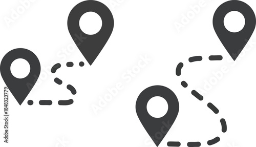 Navigation map pins with dotted lines showing route and destinations vector