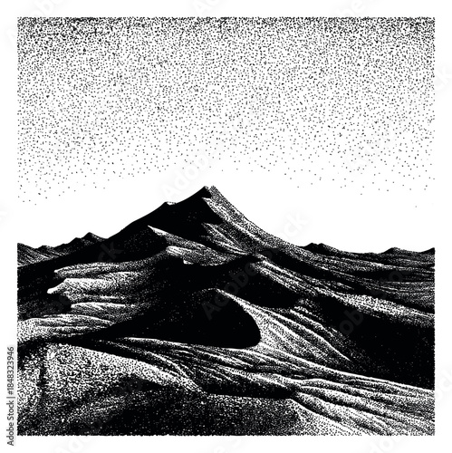 Minimal desert dune with mountains black and white pointillism vector illustration