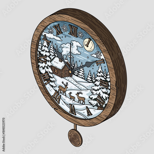 Vintage wooden cuckoo clock with a scenic winter landscape and mountain scenery