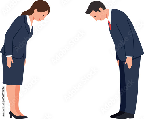 Businesspeople Bowing Respectfully White Background Flat Design