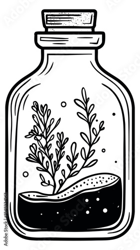 Vintage terrarium bottle with plants black and white line art