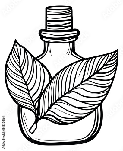 Simple essential oil bottle with leaves hand drawn outline illustration