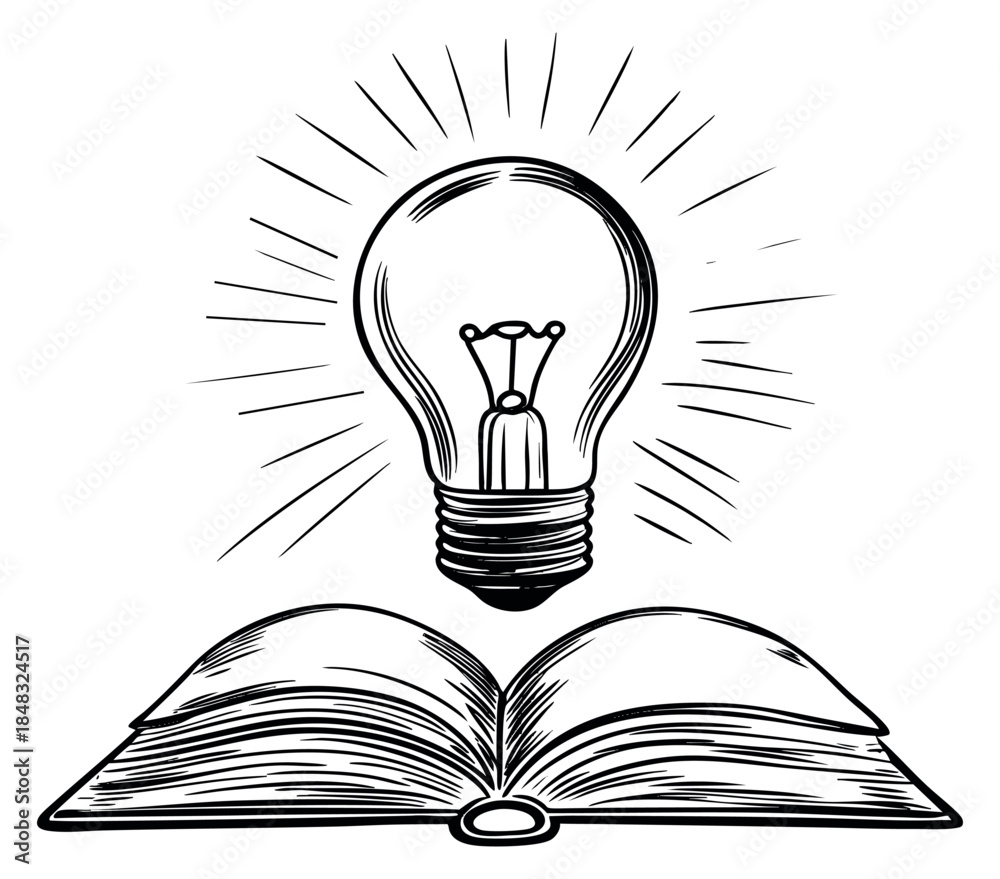 custom made wallpaper toronto digitalOpen book with glowing light bulb hand drawn sketch vector illustration