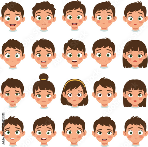 Cartoon Boy Girl Faces Emotions Flat Design Vector Icon Set Light Blue Background