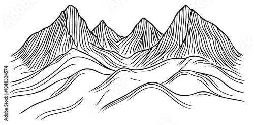 Mountain landscape collection with peaks and hills black and white line art