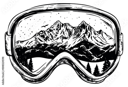 Mountain landscape in ski goggles black and white sketch vector illustration