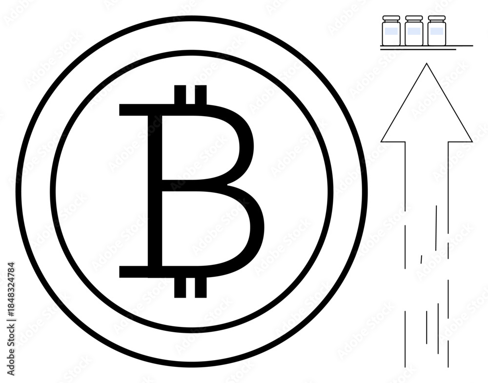 Obraz premium Financial growth, cryptocurrency trends, digital economy, market analysis, innovation, investment strategies. Bitcoin symbol next to upward arrow and jars. Financial growth and cryptocurrency trends