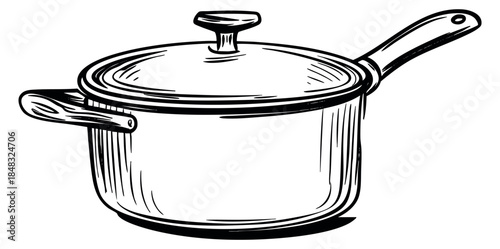 Kitchen saucepan with lid hand drawn outline vector illustration