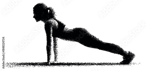 Minimal woman plank pose silhouette with dots pointillism style