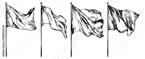 Vintage flag icon set with waving flags hand drawn sketch vector illustration